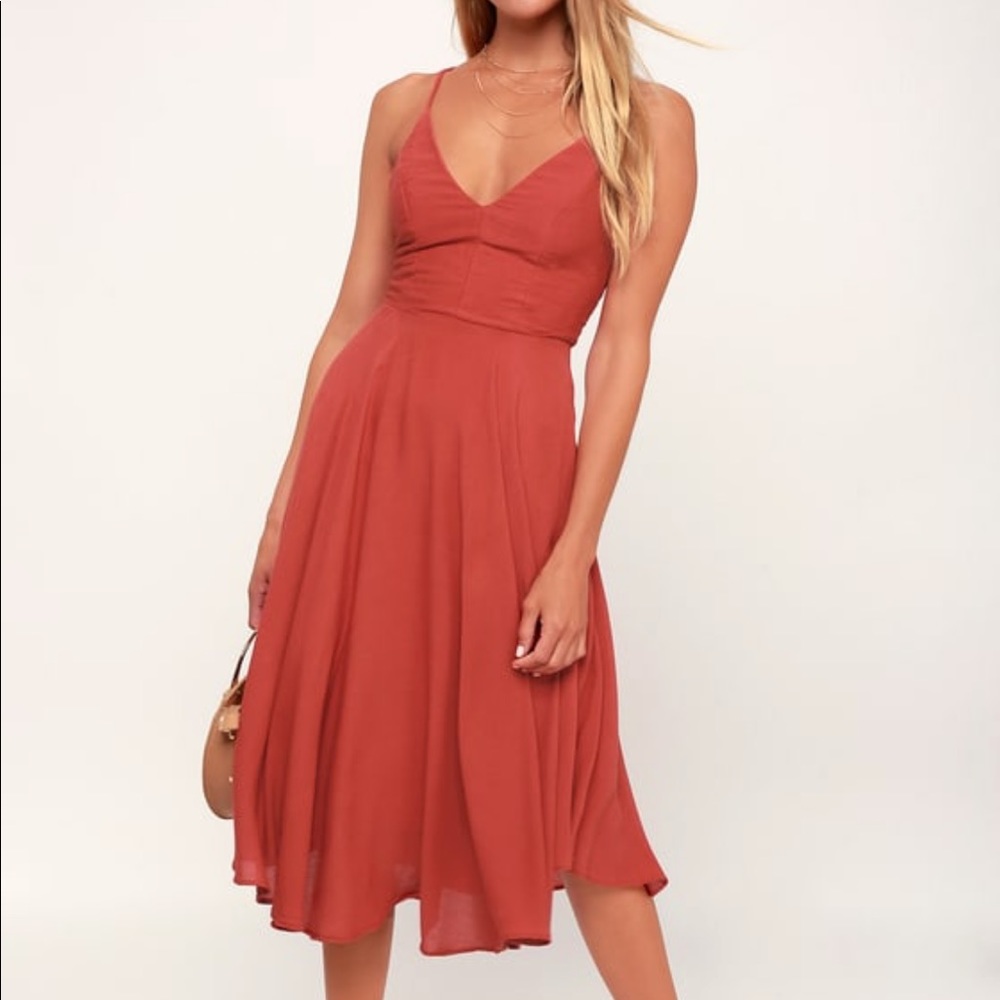 Lulu’s  Troulos Rust Red Lace-Up Midi Dress | SMALL